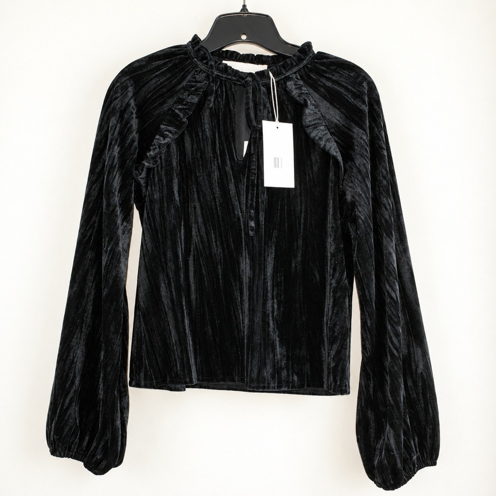Rachel Parcell Black Crushed Velvet Ruffle Tie Neck Blouse XS New